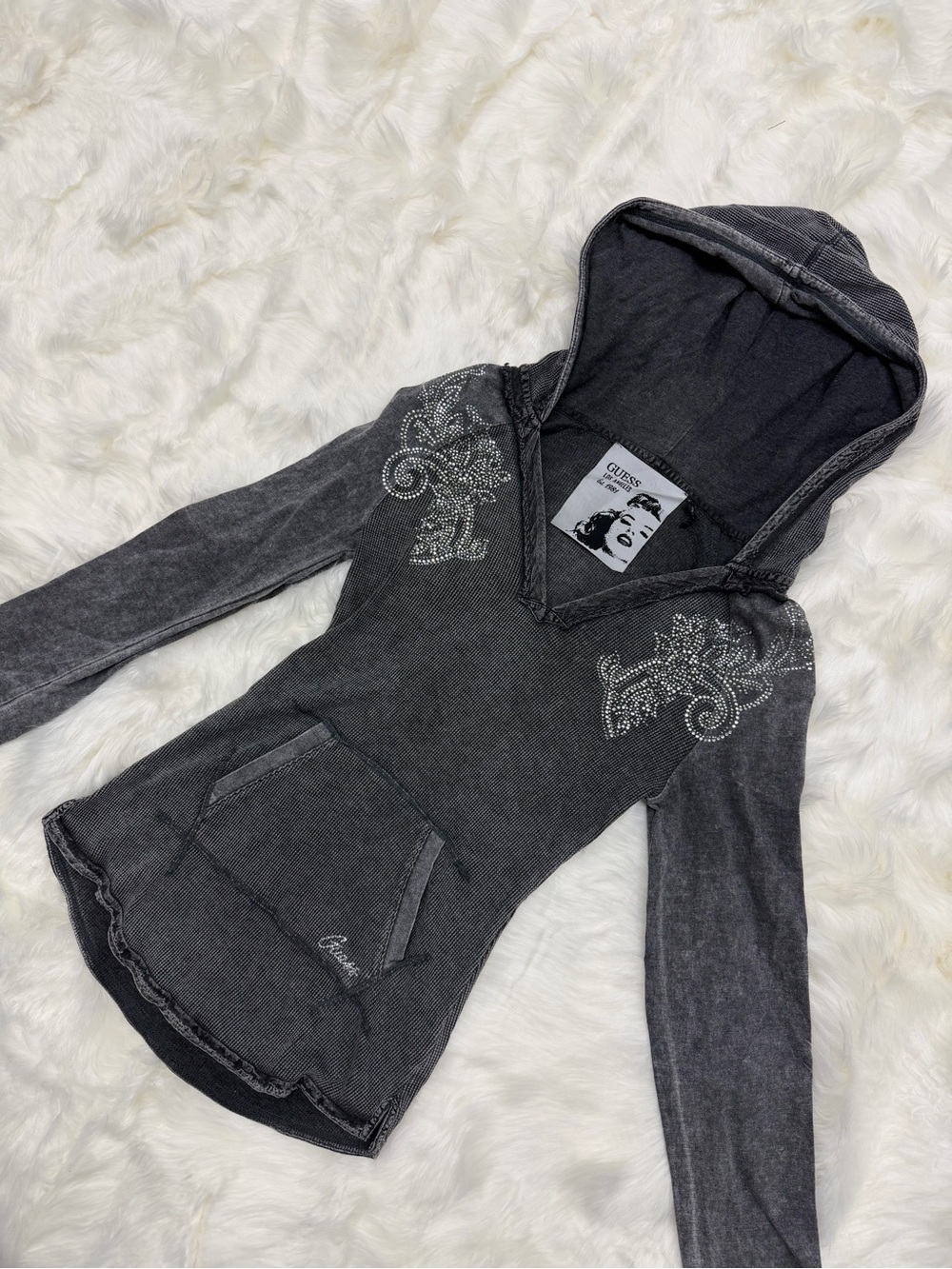 Vintage Y2K Guess Rhinestone Embellished Gray Hooded Thermal Top